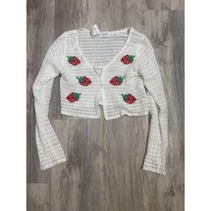 WoWo White Crochet Strawberry Embroidered Cropped Cardigan Sweater Womens Small